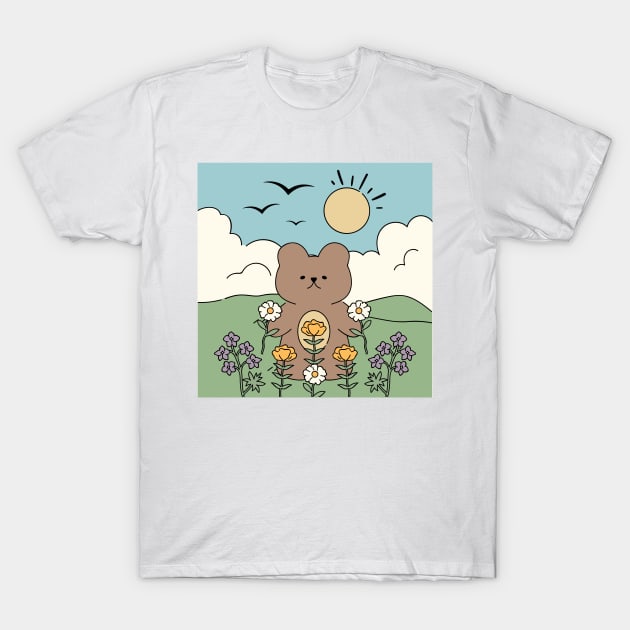 Cute Little Bear With Flowers T-Shirt by FabDesign